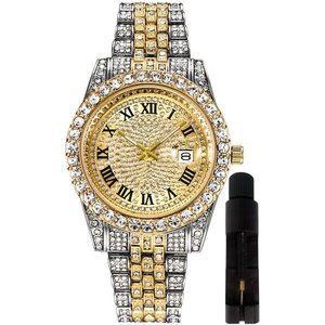 Mens Gold Iced-Out Bling Diamond Luxury Quartz Hip Hop Watch